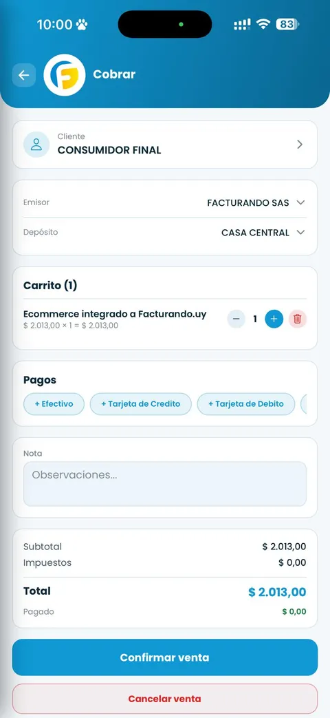 App de Facturando: pantalla de cobro de una venta
