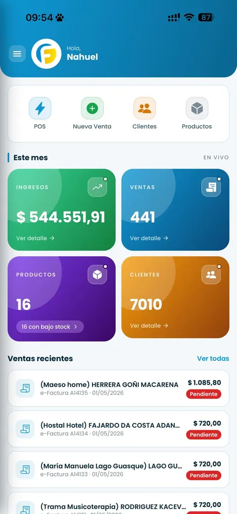 App de Facturando: inicio con ventas del día